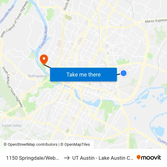 1150 Springdale/Webberville to UT Austin - Lake Austin Campus map