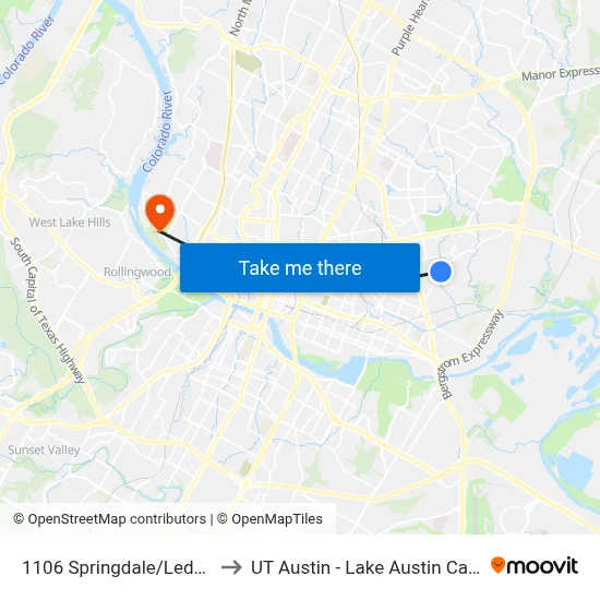 1106 Springdale/Ledesma to UT Austin - Lake Austin Campus map