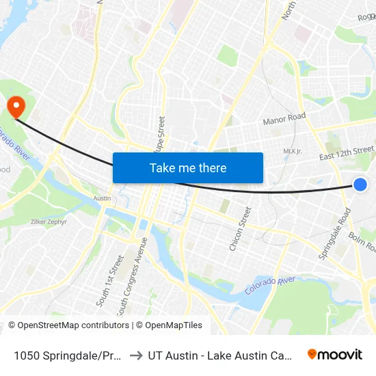 1050 Springdale/Prock to UT Austin - Lake Austin Campus map