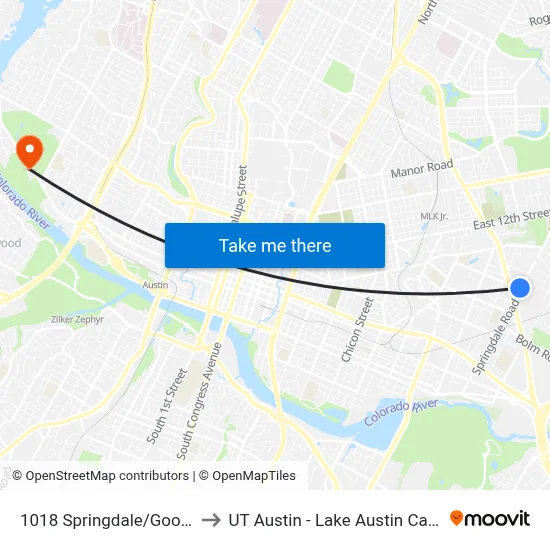 1018 Springdale/Goodwin to UT Austin - Lake Austin Campus map