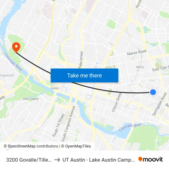 3200 Govalle/Tillery to UT Austin - Lake Austin Campus map