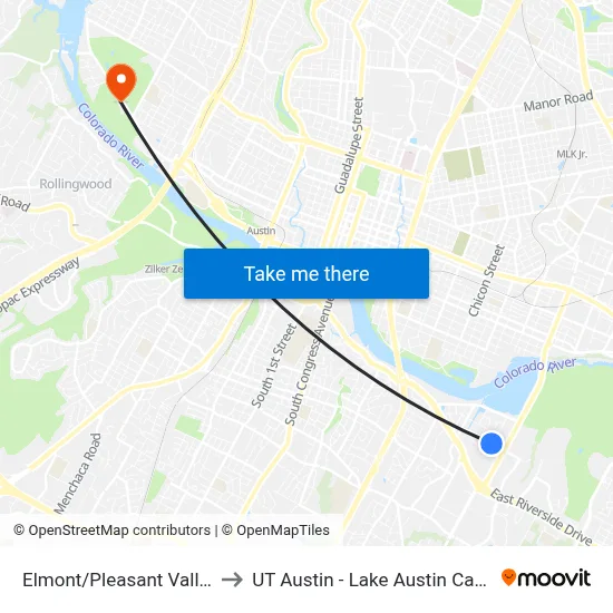 Elmont/Pleasant Valley/1 to UT Austin - Lake Austin Campus map