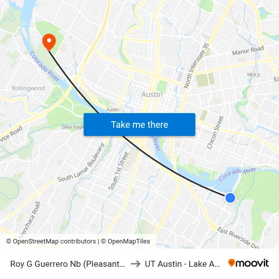 Roy G Guerrero Nb (Pleasant Valley/Lakeshore) to UT Austin - Lake Austin Campus map