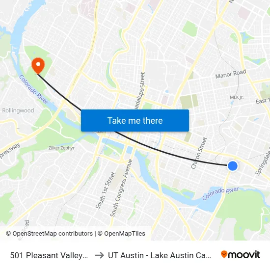 501 Pleasant Valley/5th to UT Austin - Lake Austin Campus map