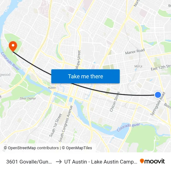 3601 Govalle/Gunter to UT Austin - Lake Austin Campus map