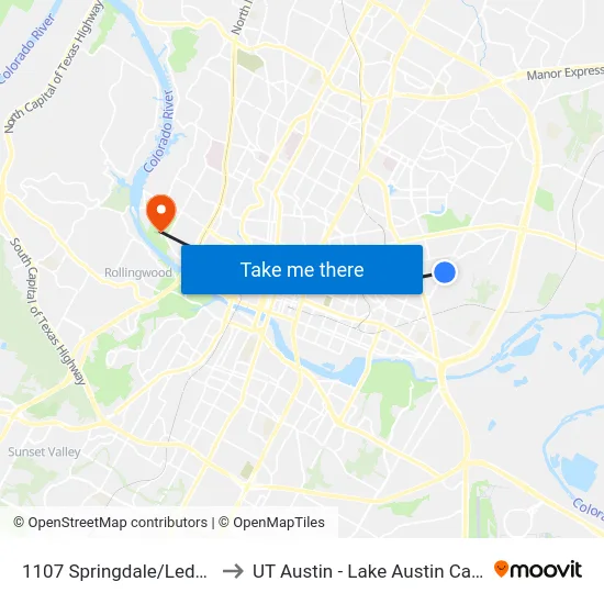1107 Springdale/Ledesma to UT Austin - Lake Austin Campus map