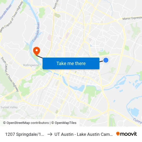 1207 Springdale/12th to UT Austin - Lake Austin Campus map