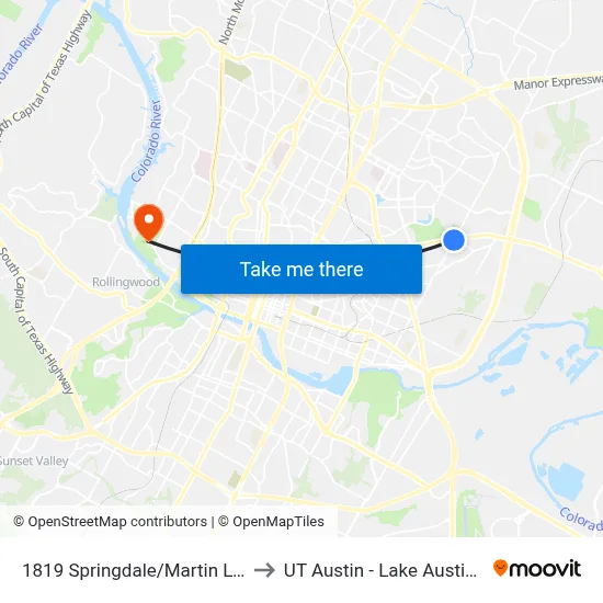 1819 Springdale/Martin Luther King to UT Austin - Lake Austin Campus map