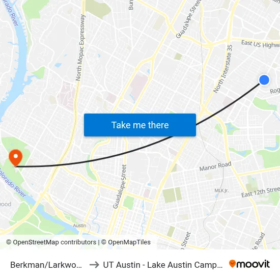 Berkman/Larkwood to UT Austin - Lake Austin Campus map