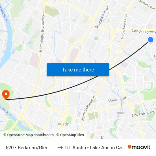 6207 Berkman/Glen Valley to UT Austin - Lake Austin Campus map