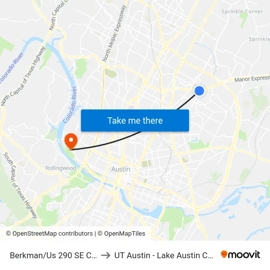 Berkman/Us 290 SE Corner to UT Austin - Lake Austin Campus map