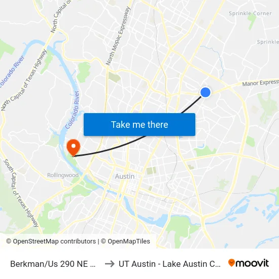 Berkman/Us 290 NE Corner to UT Austin - Lake Austin Campus map
