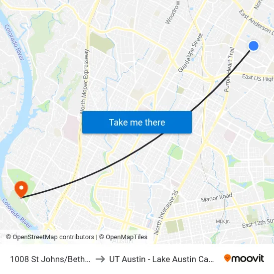 1008 St Johns/Bethune to UT Austin - Lake Austin Campus map