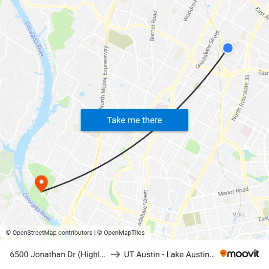 6500 Jonathan Dr (Highland Mall) to UT Austin - Lake Austin Campus map