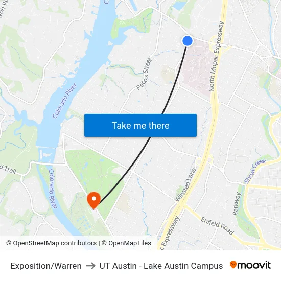 Exposition/Warren to UT Austin - Lake Austin Campus map