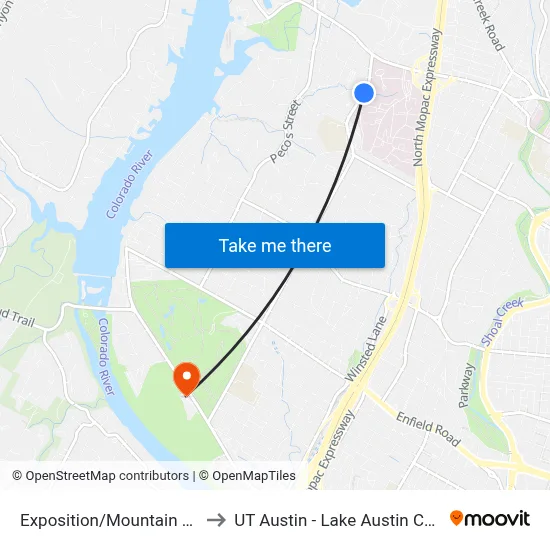 Exposition/Mountain Laurel to UT Austin - Lake Austin Campus map