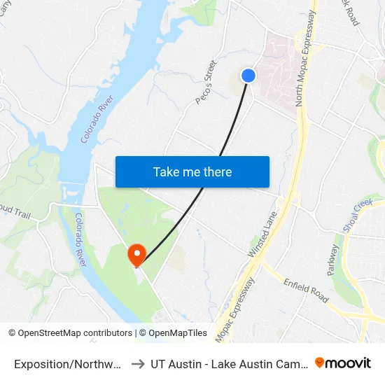 Exposition/Northwood to UT Austin - Lake Austin Campus map