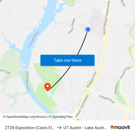 2728 Exposition (Casis Elementary) to UT Austin - Lake Austin Campus map