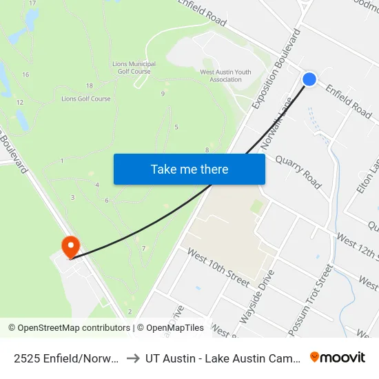 2525 Enfield/Norwalk to UT Austin - Lake Austin Campus map
