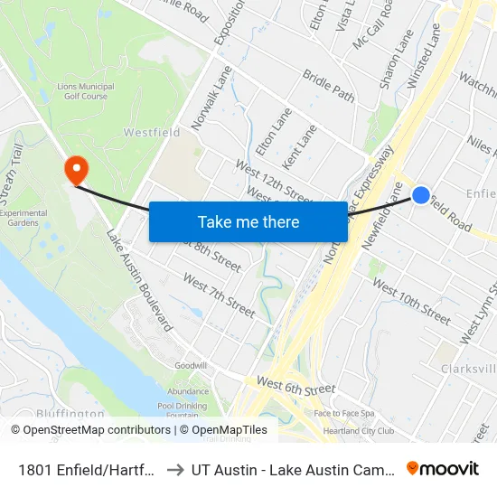 1801 Enfield/Hartford to UT Austin - Lake Austin Campus map