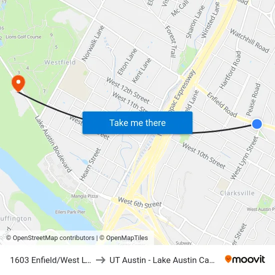 1603 Enfield/West Lynn to UT Austin - Lake Austin Campus map
