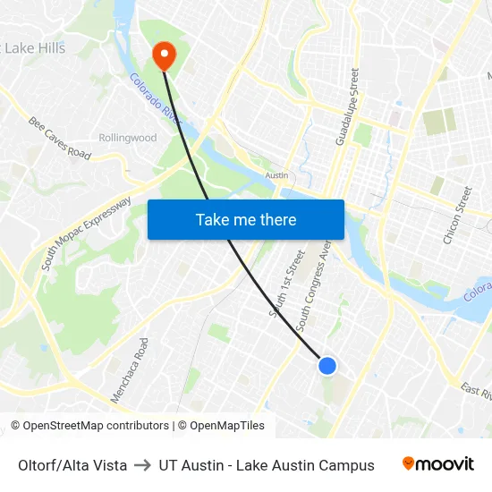 Oltorf/Alta Vista to UT Austin - Lake Austin Campus map