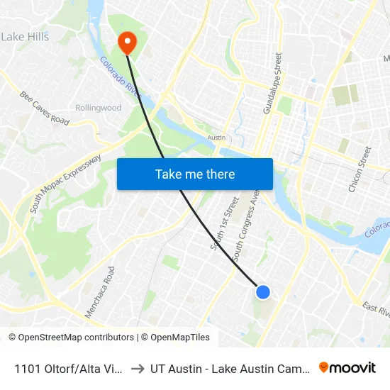 1101 Oltorf/Alta Vista to UT Austin - Lake Austin Campus map
