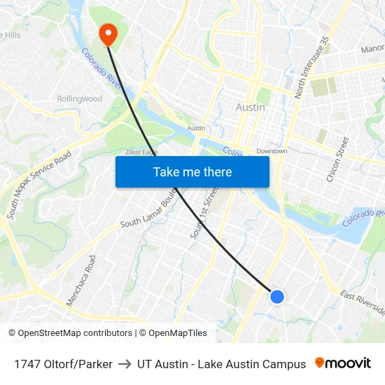 1747 Oltorf/Parker to UT Austin - Lake Austin Campus map