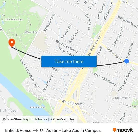 Enfield/Pease to UT Austin - Lake Austin Campus map