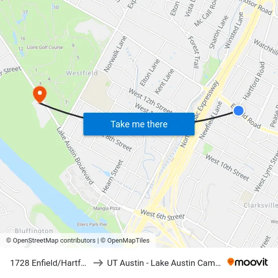 1728 Enfield/Hartford to UT Austin - Lake Austin Campus map