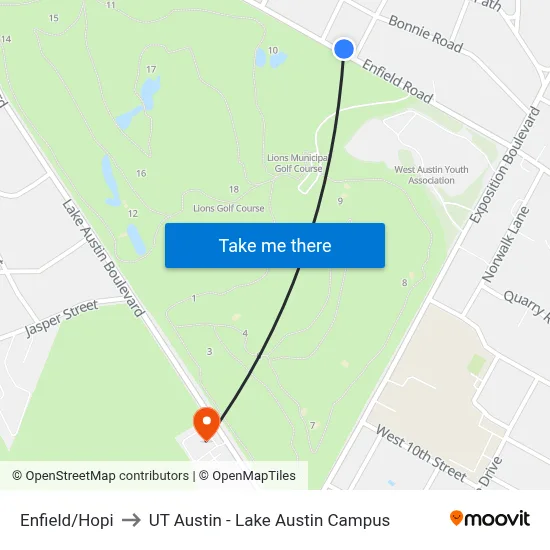 Enfield/Hopi to UT Austin - Lake Austin Campus map