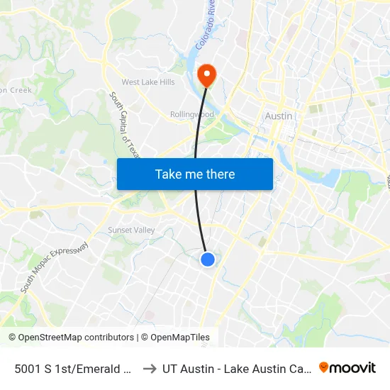 5001 S 1st/Emerald Wood to UT Austin - Lake Austin Campus map