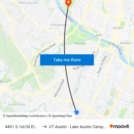 4401 S 1st/St Elmo to UT Austin - Lake Austin Campus map