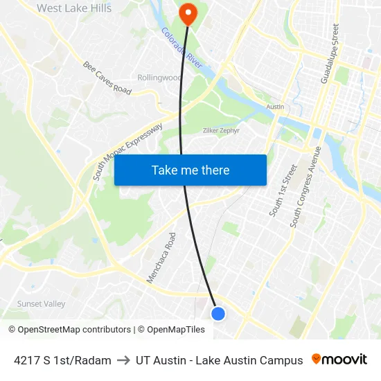 4217 S 1st/Radam to UT Austin - Lake Austin Campus map