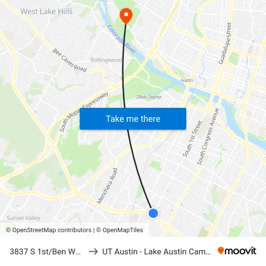 3837 S 1st/Ben White to UT Austin - Lake Austin Campus map