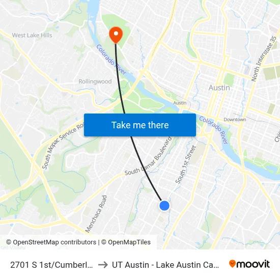 2701 S 1st/Cumberland to UT Austin - Lake Austin Campus map