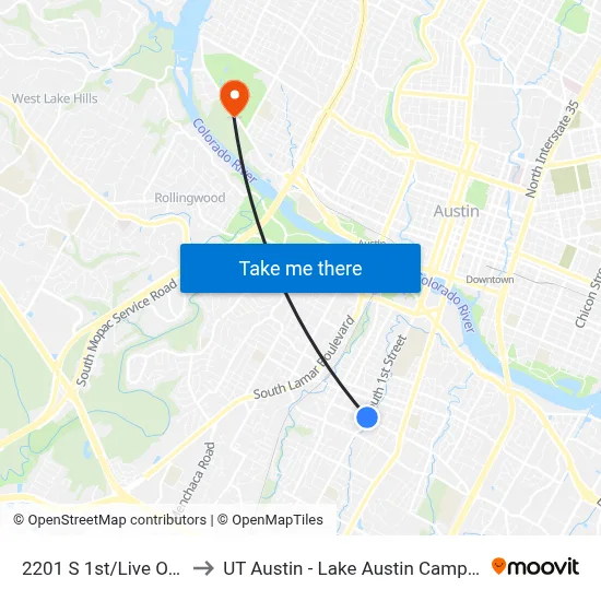 2201 S 1st/Live Oak to UT Austin - Lake Austin Campus map