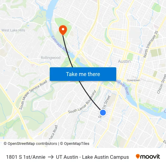 1801 S 1st/Annie to UT Austin - Lake Austin Campus map