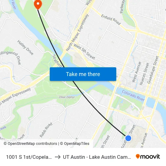 1001 S 1st/Copeland to UT Austin - Lake Austin Campus map