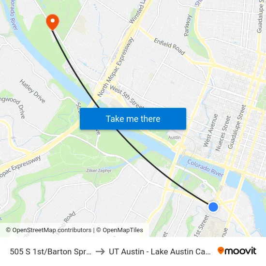 505 S 1st/Barton Springs to UT Austin - Lake Austin Campus map
