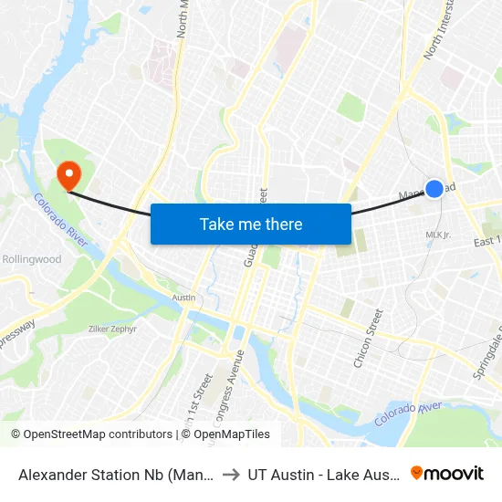Alexander Station Nb (Manor/Alexander) to UT Austin - Lake Austin Campus map