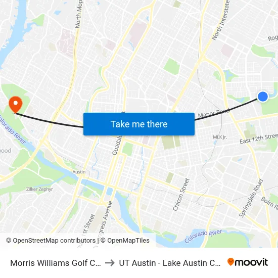 Morris Williams Golf Course to UT Austin - Lake Austin Campus map