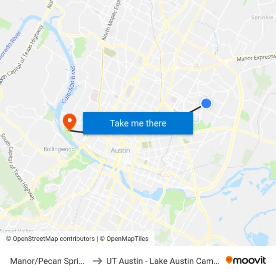 Manor/Pecan Springs to UT Austin - Lake Austin Campus map