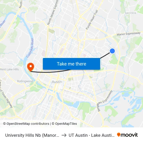 University Hills Nb (Manor/Northeast) to UT Austin - Lake Austin Campus map