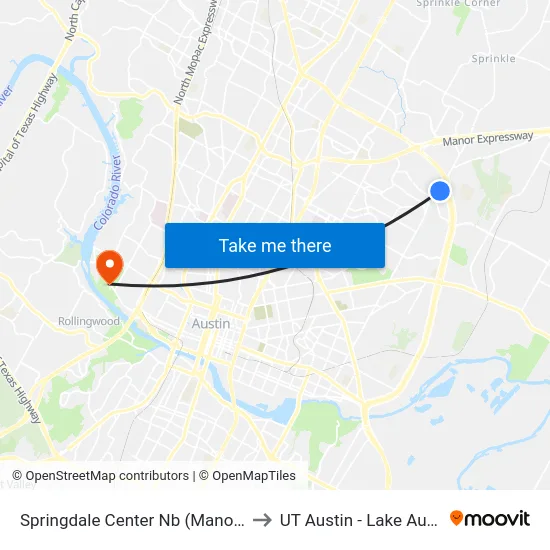 Springdale Center Nb (Manor/Susquehanna) to UT Austin - Lake Austin Campus map