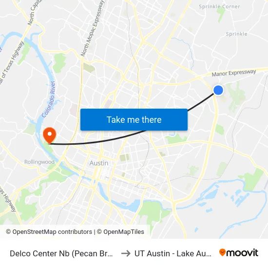 Delco Center Nb (Pecan Brook/Springdale) to UT Austin - Lake Austin Campus map