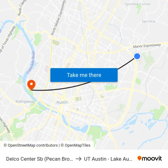 Delco Center Sb (Pecan Brook/Springdale) to UT Austin - Lake Austin Campus map