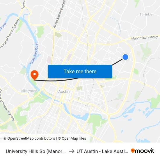 University Hills Sb (Manor/Northeast) to UT Austin - Lake Austin Campus map