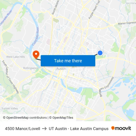 4500 Manor/Lovell to UT Austin - Lake Austin Campus map