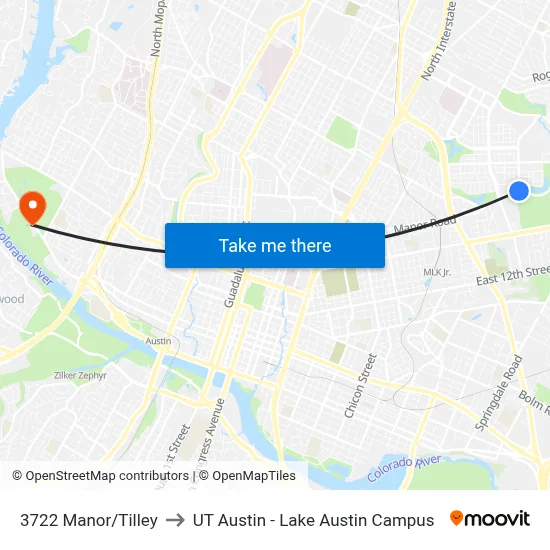 3722 Manor/Tilley to UT Austin - Lake Austin Campus map
